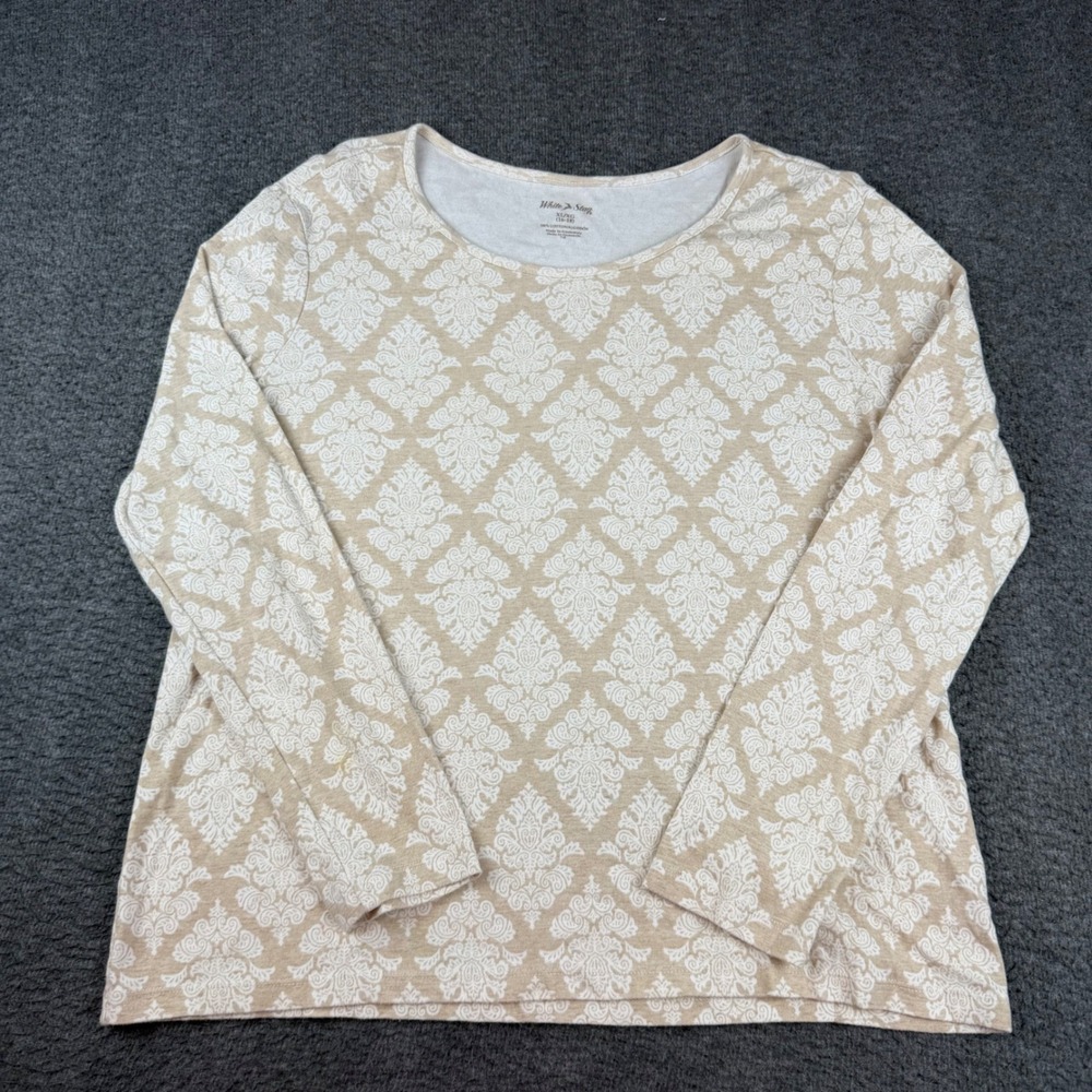 White Stag Long Sleeve Top Womens XL Tan White Damask Print Cotton Tee